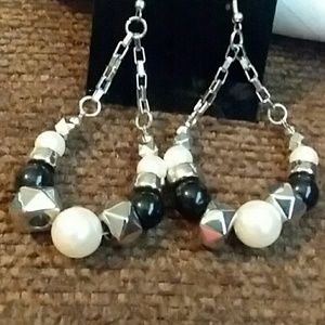 Black, White and Silver Loop Earrings